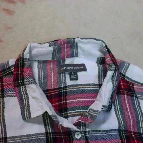 ALEXANDER JORDAN White Red Plaid Silky Flowy Rayon Button Up Blouse Women Large - Picture 5 of 9
